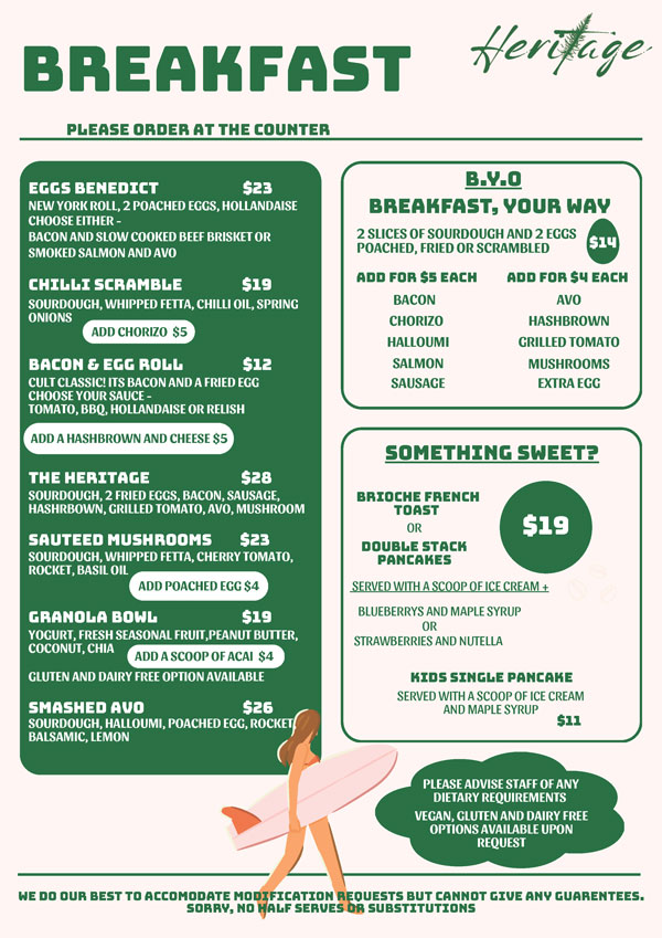 Heritage Beachside Cafe Summer 2025–26 Breakfast Menu Heritage Beachside Cafe Summer 2025–26 Breakfast Menu