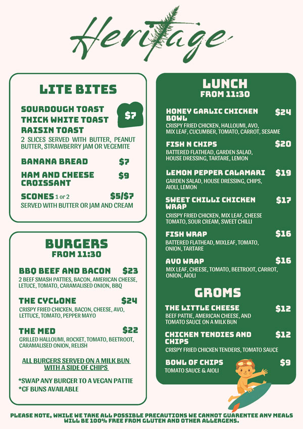 Heritage Beachside Cafe Summer 2025–26 Lunch Menu Heritage Beachside Cafe Summer 2025–26 Lunch Menu